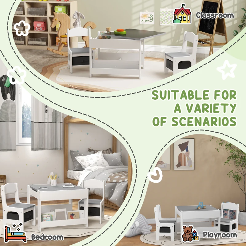 HOMCOM Set de Masă și Scaun pentru Copii, Set de Birou și Scaun pentru Copii 2-în-1 cu Tablă și Rafturi pentru Cărți, 61.5x61.5x48 cm, Gri