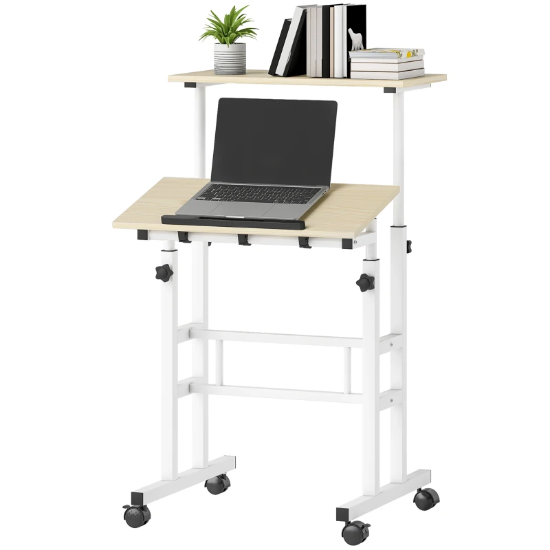 HOMCOM Bureau assis debout bureau réglable en hauteur 60 x 60 cm à roulettes avec plateau inclinable cadre en métal naturel