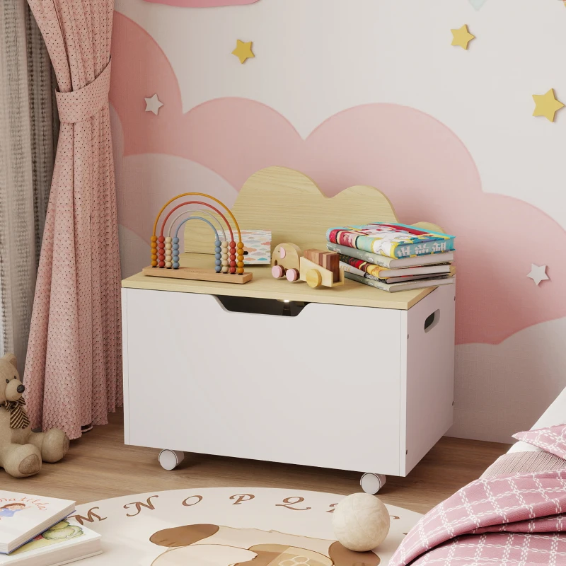 AIYAPLAY Children's Toy Chest with Wheels Hinged Lid with Safety Hinge Cloud Design White and Natural