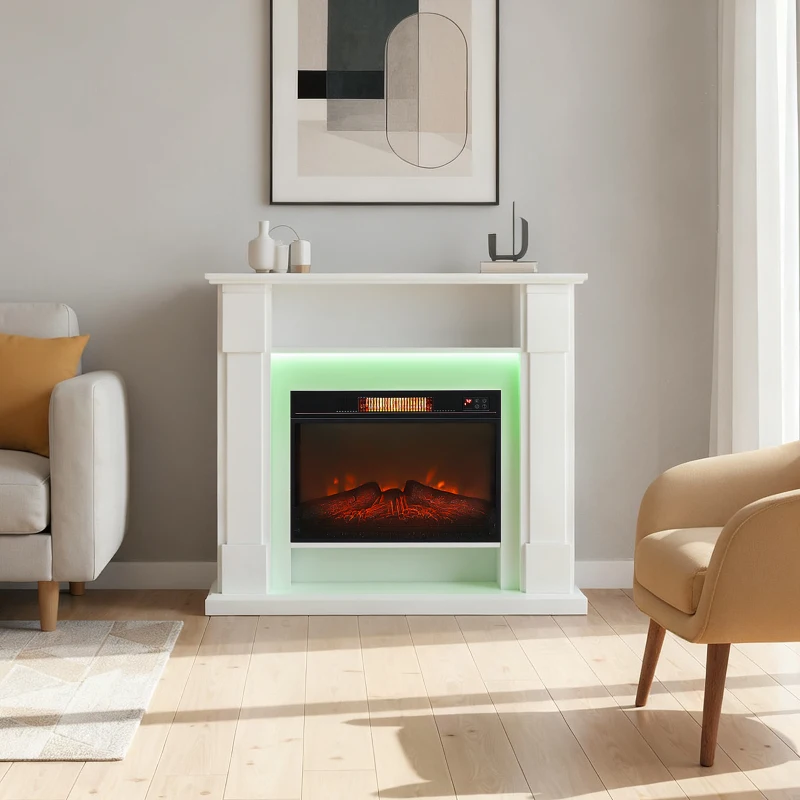 HOMCOM Chimenea Eléctrica 1800W Regulable con Llama 3D, Repisa, Temporizador y Mando a Distancia, 105x27x97 cm, Blanco