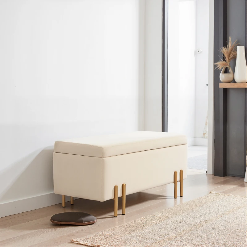 HOMCOM Polsterbank mit Stauraum, Truhenbank, Schaumstoff, Metall, Kautschukholz, 100 x 40 x 42 cm, Beige(m-9)