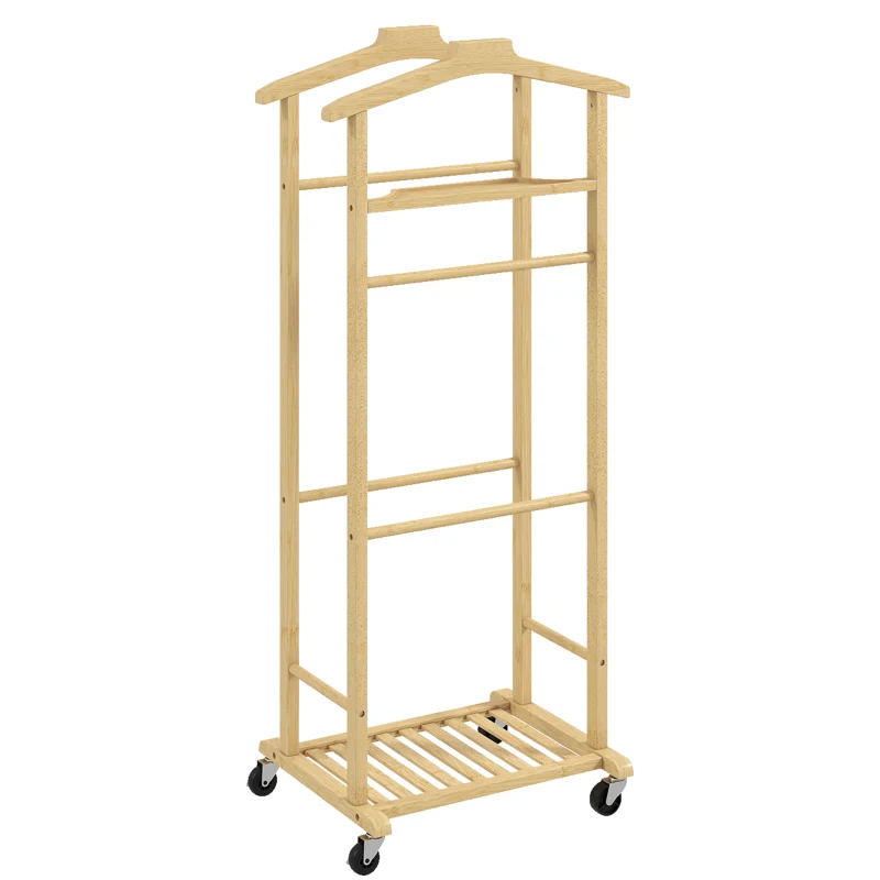 HOMCOM Galán de Noche de Bambú con Ruedas Colgadores Barras para Pantalones Bandeja y Zapatero 47x33,7x105,5 cm Natural