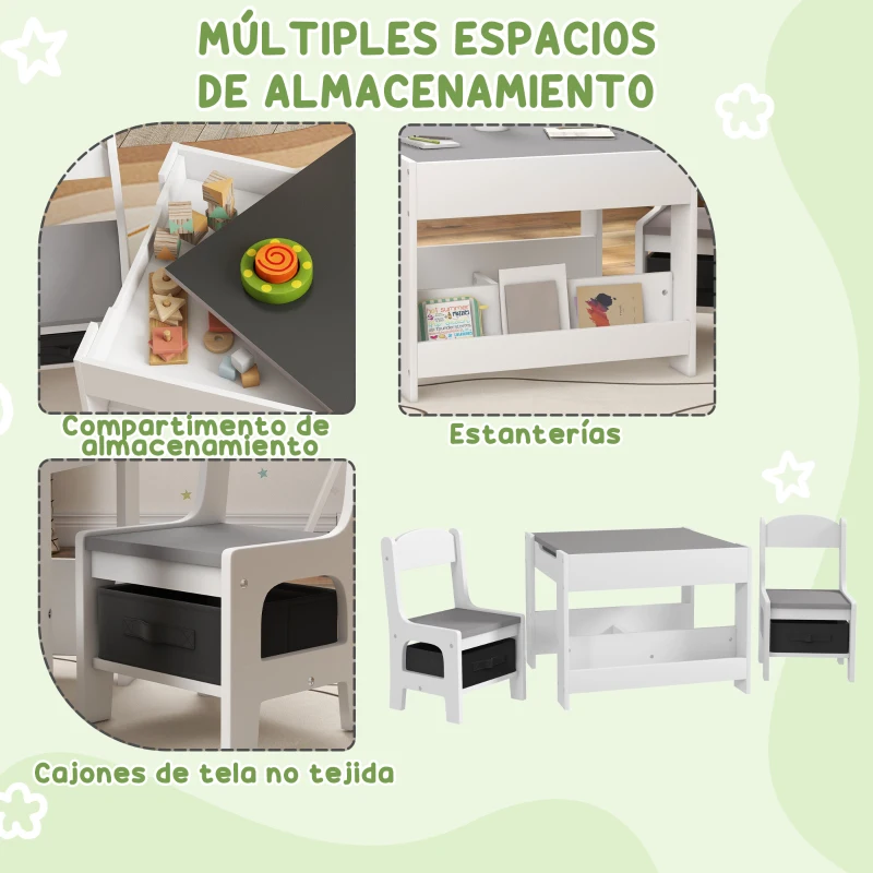 HOMCOM Juego de Mesa con Sillas para Niños 3 en 1 con Pizarra Cajones de Tela y Espacio de Almacenamiento Blanco y Gris