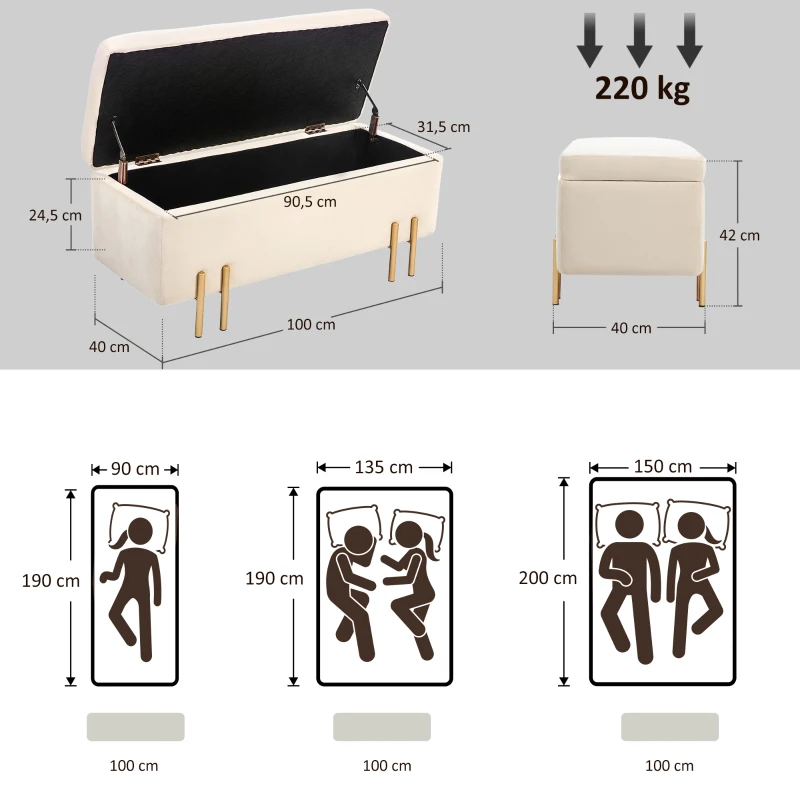 HOMCOM Polsterbank mit Stauraum, Truhenbank, Schaumstoff, Metall, Kautschukholz, 100 x 40 x 42 cm, Beige(m-3)