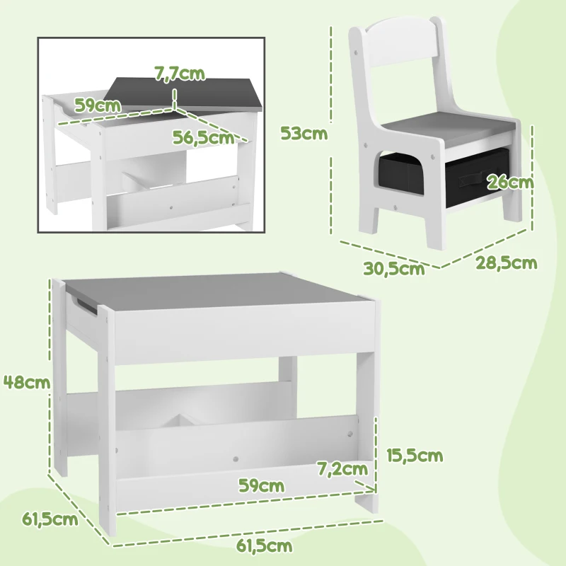 HOMCOM Juego de Mesa con Sillas para Niños 3 en 1 con Pizarra Cajones de Tela y Espacio de Almacenamiento Blanco y Gris