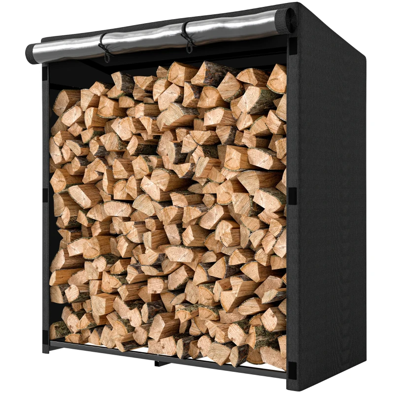 Outsunny Range-bûches extérieur métallique pour cheminée Support pour bûches avec housse imperméable Charge 300 kg 140x70x154 cm Noir
