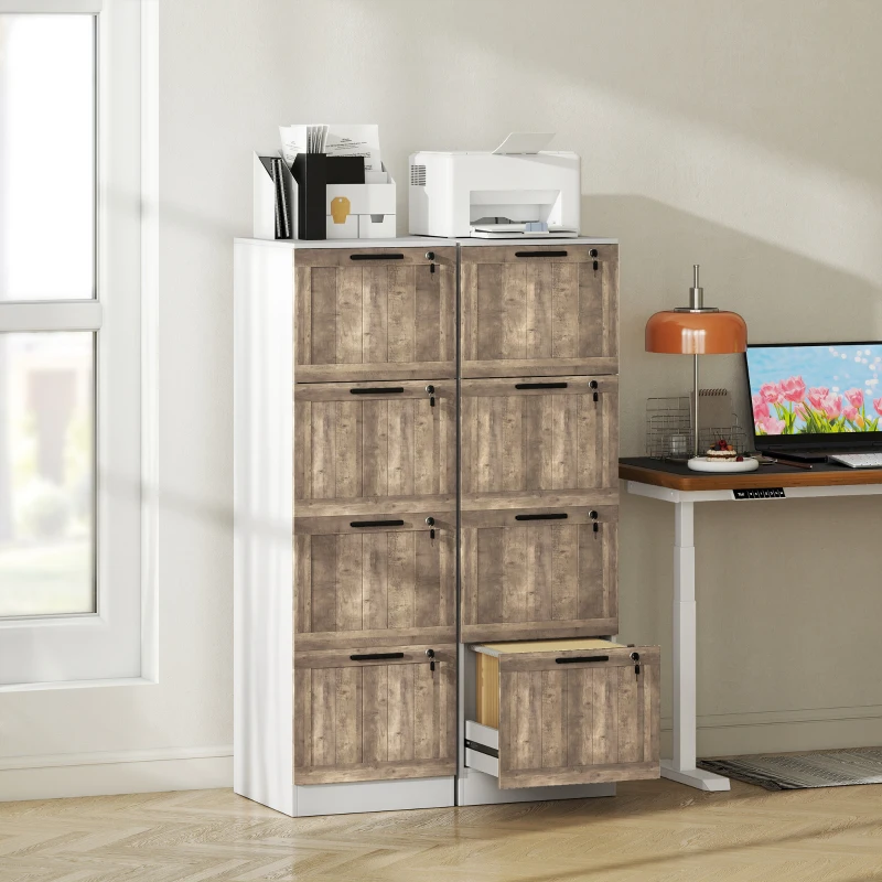 HOMCOM Bloco de Gavetas de Escritório com 4 Gavetas Fecho e 2 Chaves e Barras para Pendurar A4 Carta 39,4x40x129 cm Branco e Madeira