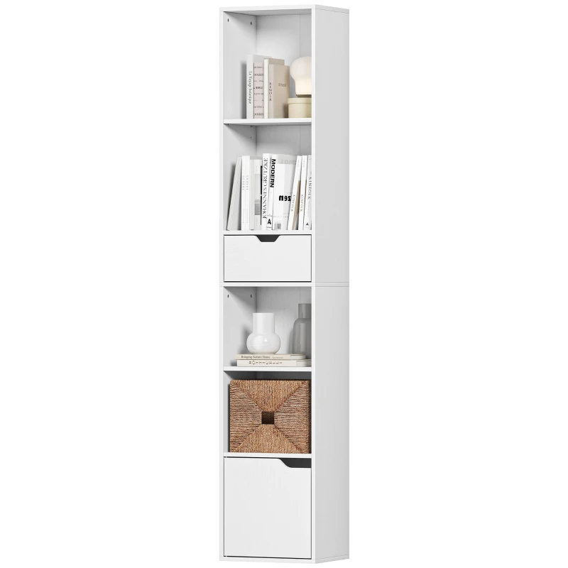HOMCOM Bibliothèque, étagère à livres, meuble de rangement avec tiroir placard compartiments ouvertes, 30 x 24 x 158 cm, blanc
