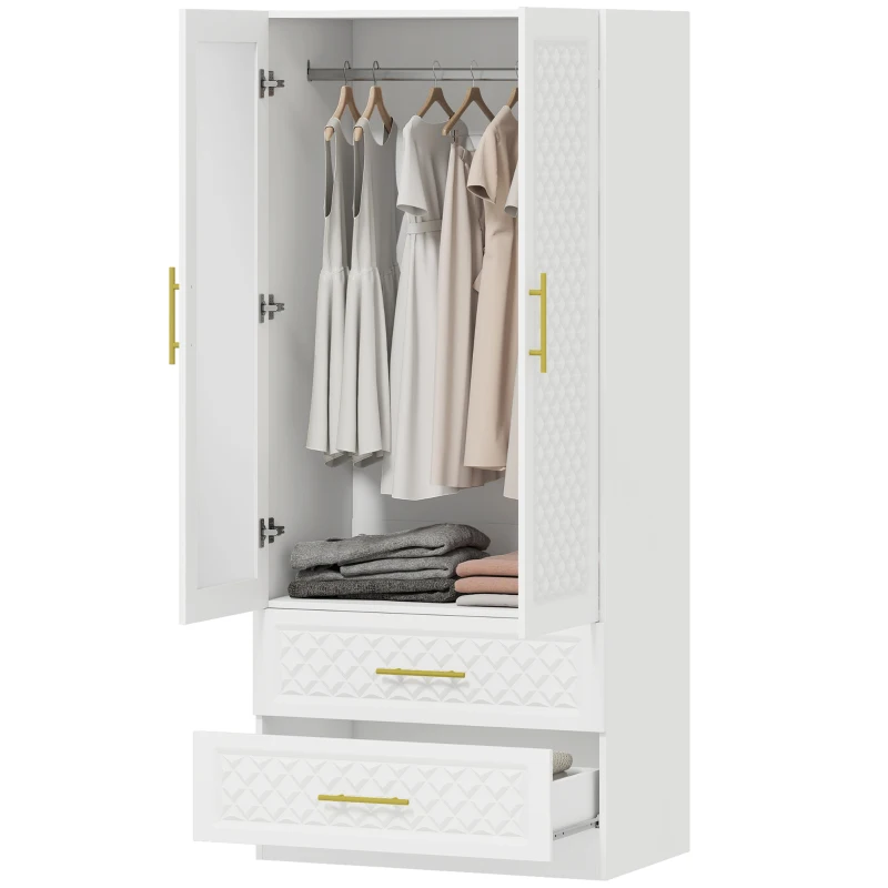 HOMCOM Roupeiro com Espelho 2 Portas e 2 Gavetas Relevo de Diamante Barra para Pendurar Estilo Moderno 80x50x180 cm Branco