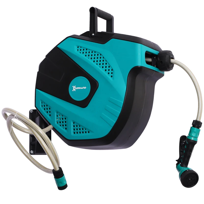 DURHAND Avvolgitubo Automatico a Parete con 7 Modalità di Irrigazione, in Plastica, 44x22.5x41 cm, Nero e Verde