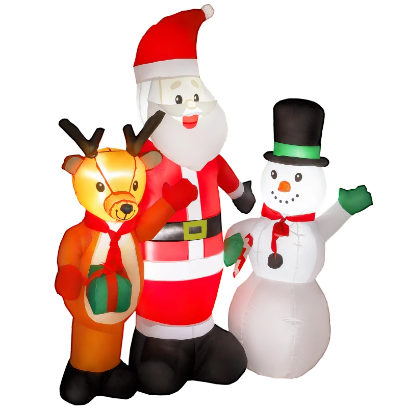Outsunny Papá Noel Inflable 150 cm con Reno y Muñeco de Nieve Luces LED e Inflador Eléctrico para Exterior Jardín Césped