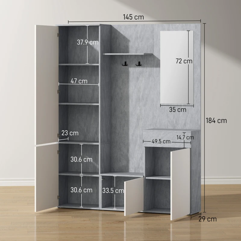HOMCOM Mobilier 4 în 1 cu Oglindă, Cuiere și Rafturi Interioare Reglabile, Mobilier Multifuncțional, 145x29x184 cm, Gri