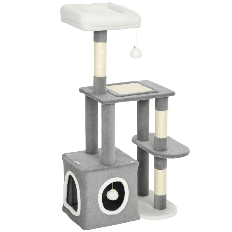 PawHut Albero Tiragraffi per Gatti con Casetta, Lettino e 2 Palline, in Legno e Peluche, 55x40x107 cm, Grigio e Bianco