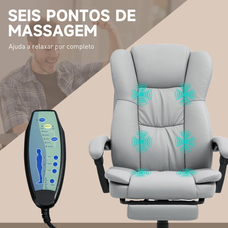 Vinsetto Cadeira de Escritório com Altura Ajustável 6 Pontos de Massagem e Apoio para os Pés Retrátil 68,5x68,5x113-121 cm Cinza