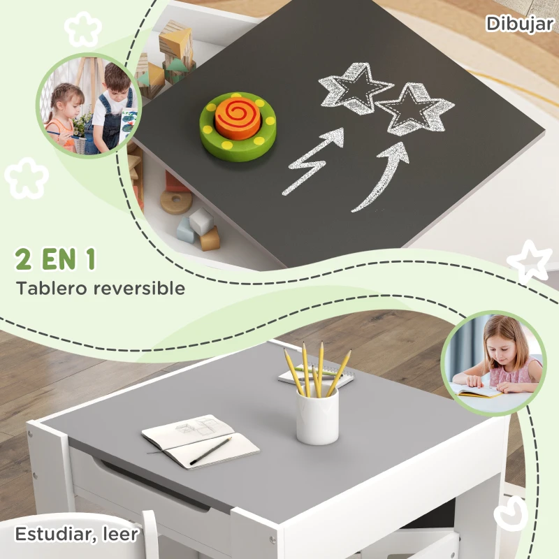 HOMCOM Juego de Mesa con Sillas para Niños 3 en 1 con Pizarra Cajones de Tela y Espacio de Almacenamiento Blanco y Gris