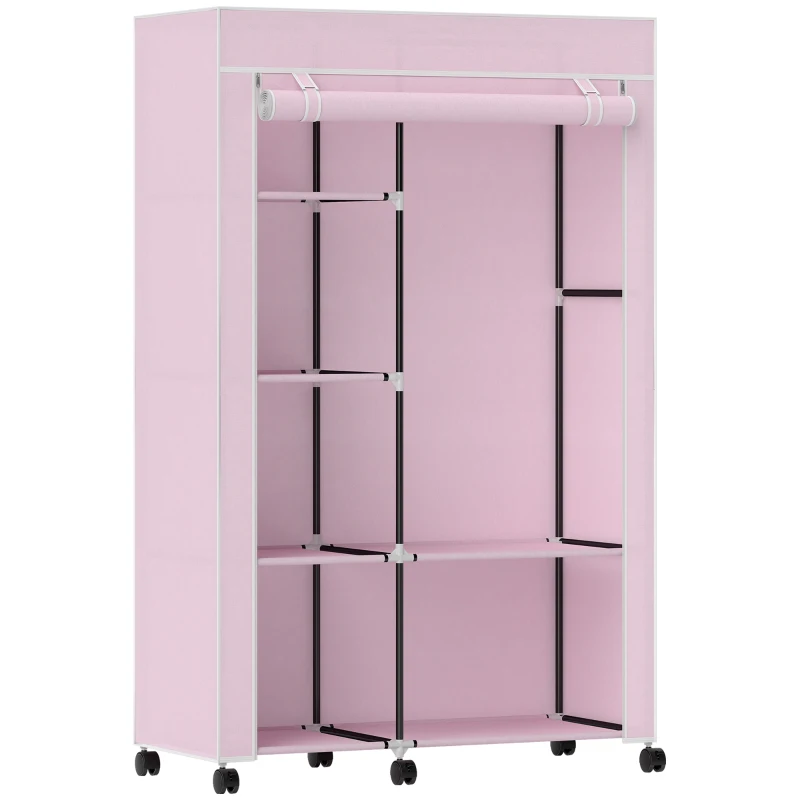 HOMCOM Armario de Tela con Ruedas Ropero Portátil con 6 Estantes y 1 Barra de Colgar para Dormitorio 103x43x162,5cm Rosa