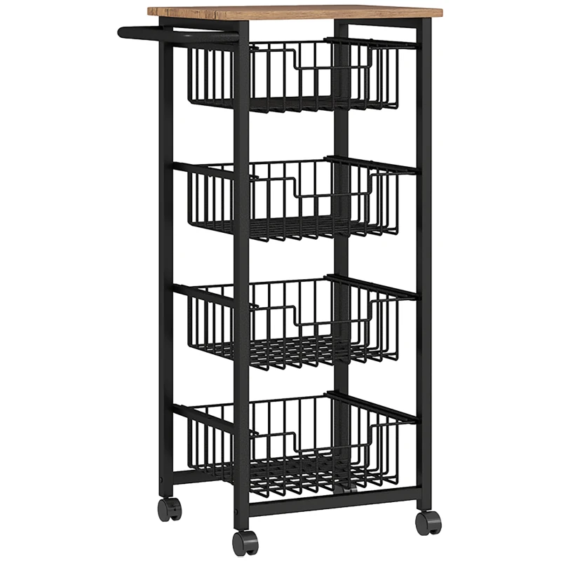 HOMCOM Carrello da Cucina con 4 Cestini Estraibili, Ruote e Freni, Acciaio e Legno, 49.5x31x91 cm, Rovere