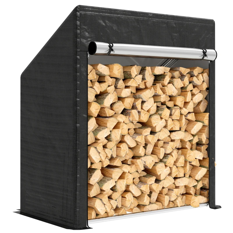 Outsunny Leñero Exterior en Acero Reforzado con Cubierta Impermeable, 100x60x110 cm, Negro