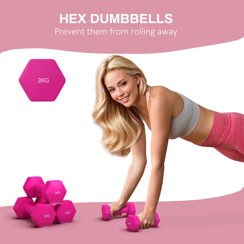 SPORTNOW 2 x 3kg Hexagonal Dumbbells Weights Set with Non-Slip Grip for Home Gym Workout, Pink