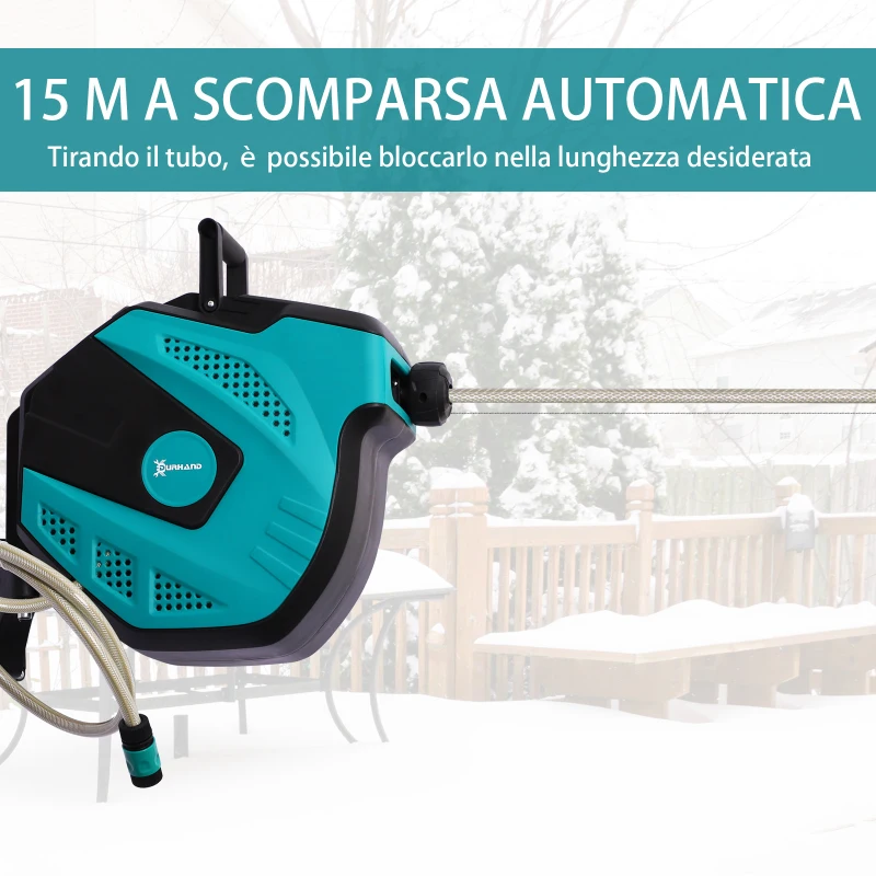 DURHAND Avvolgitubo Automatico a Parete con 7 Modalità di Irrigazione, in Plastica, 44x22.5x41 cm, Nero e Verde