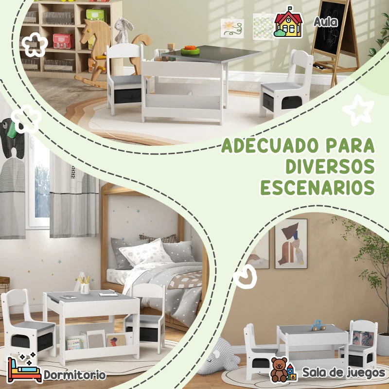 HOMCOM Juego de Mesa con Sillas para Niños 3 en 1 con Pizarra Cajones de Tela y Espacio de Almacenamiento Blanco y Gris