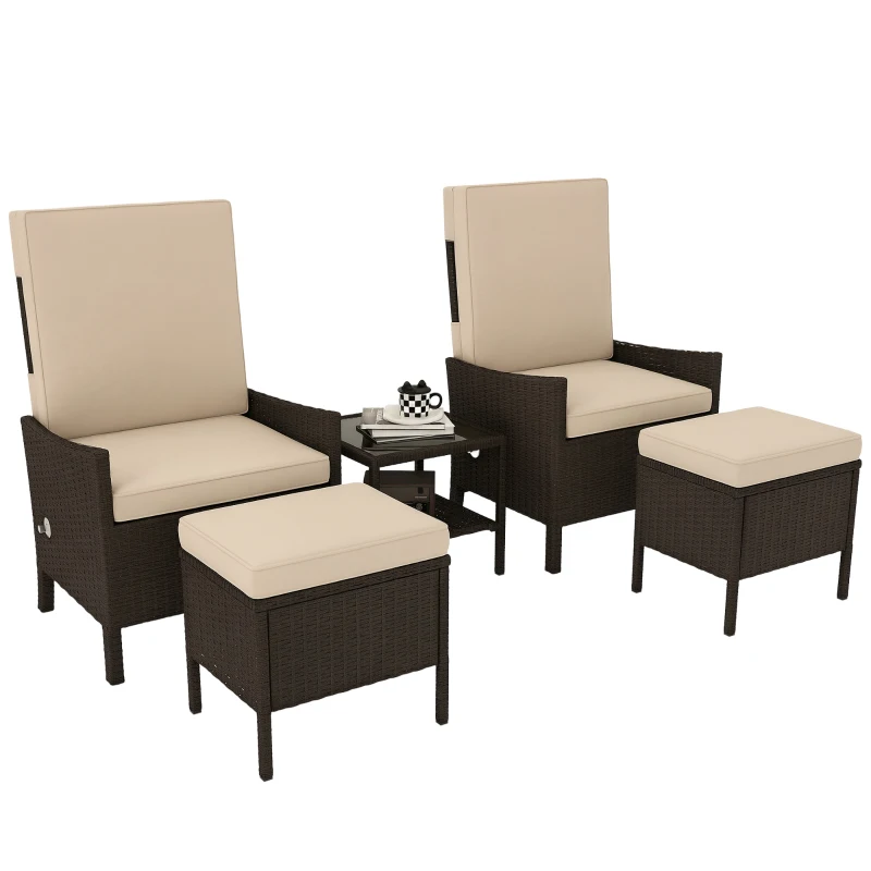 Outsunny 5 Piece Rattan Garden Furniture Set, Wicker Patio Sofa Set with 2 Armchairs, 2 Footstools, Glass Top Coffee Table with Shelf, Outdoor Furniture with Adjustable Backrests, Cushions, Khaki