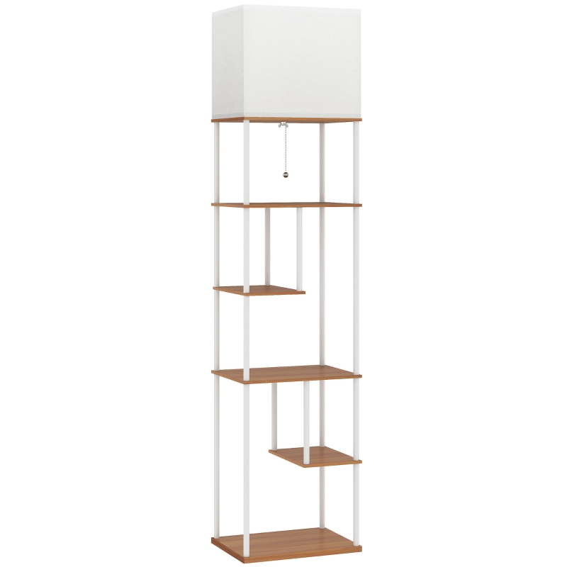 HOMCOM Candeeiro de Pé com Prateleiras Brilho e Temperaturas de Cor Ajustáveis 3000K-6500K e Temporizador 40x29x171 cm Branco e Madeira
