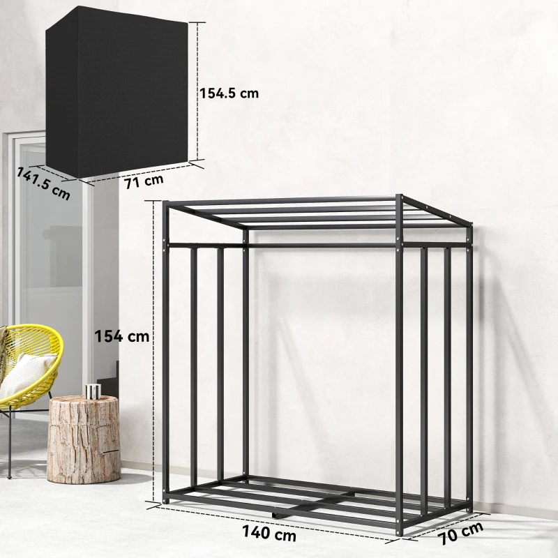 Outsunny Scaffale per legna, in acciaio, con copertura in tessuto, portata 300 kg, 140 x 70 x 154 cm, Nero