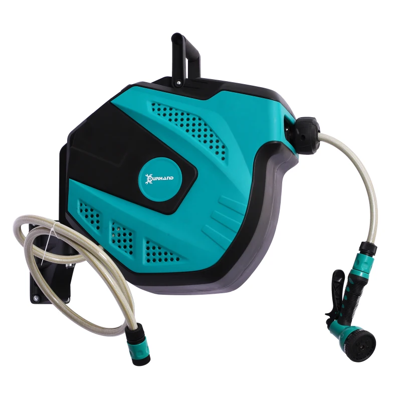 DURHAND 15m Garden Hose Reel Wall Mounted Auto Rewind with 7 Patterns Spray Nozzle, Includes Wall Fixings