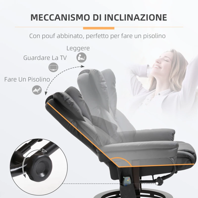 HOMCOM Poltrona Relax con Pouf Poggiapiedi e Funzione Massaggio, Reclinabile a 145° e Girevole a 360°, Nero