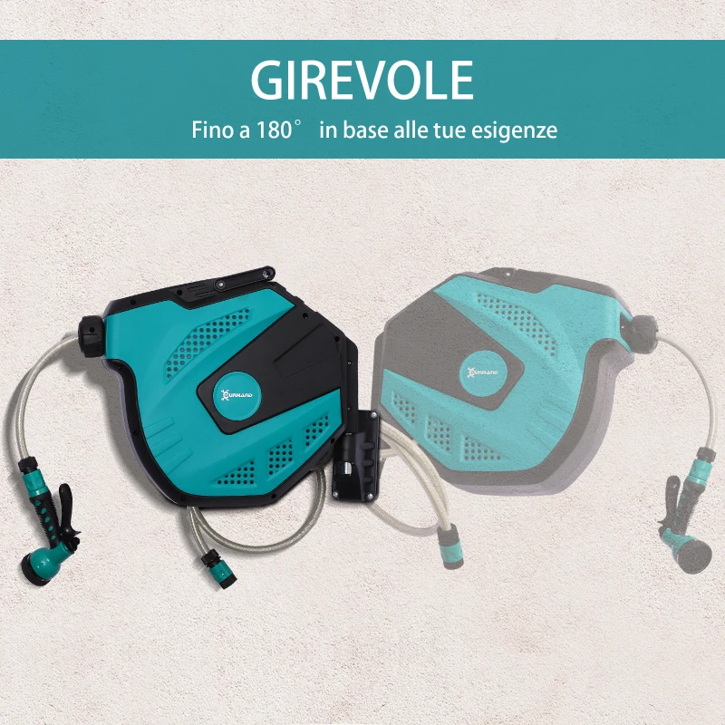 DURHAND Avvolgitubo Automatico a Parete con 7 Modalità di Irrigazione, in Plastica, 44x22.5x41 cm, Nero e Verde