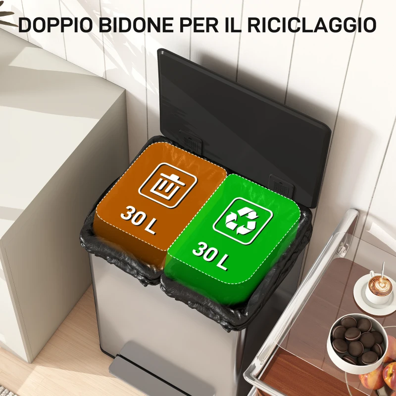 HOMCOM Pattumiera a Pedale con 2 Scomparti da 30L, Coperchio Ammortizzato e Secchi Rimovibili, Acciaio Inox, Argento