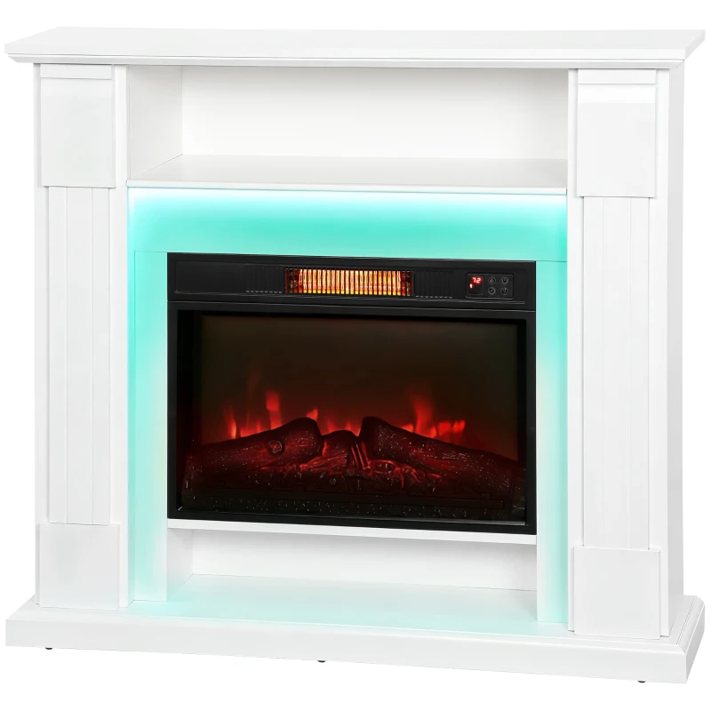 HOMCOM Chimenea Eléctrica 1800W Regulable con Llama 3D, Repisa, Temporizador y Mando a Distancia, 105x27x97 cm, Blanco
