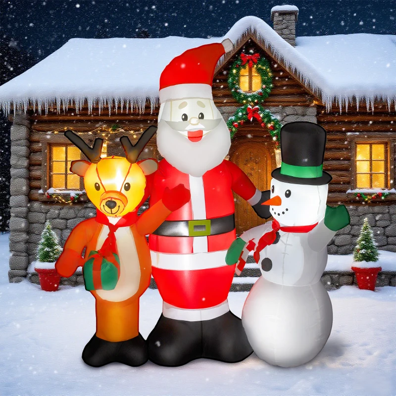 Outsunny Papá Noel Inflable 150 cm con Reno y Muñeco de Nieve Luces LED e Inflador Eléctrico para Exterior Jardín Césped