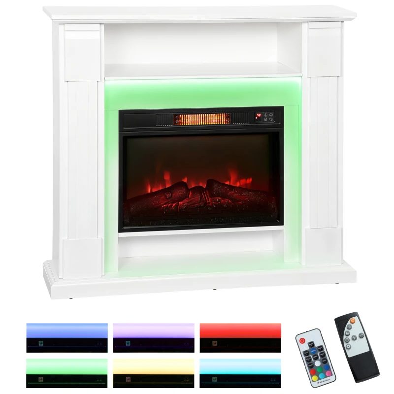 HOMCOM Chimenea Eléctrica 1800W Regulable con Llama 3D, Repisa, Temporizador y Mando a Distancia, 105x27x97 cm, Blanco