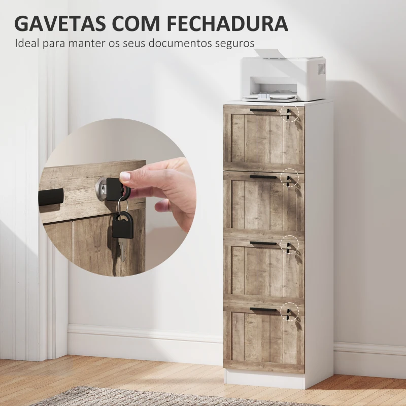 HOMCOM Bloco de Gavetas de Escritório com 4 Gavetas Fecho e 2 Chaves e Barras para Pendurar A4 Carta 39,4x40x129 cm Branco e Madeira