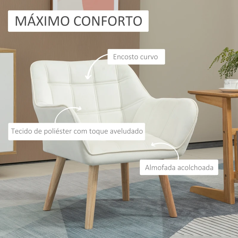 HOMCOM Poltrona Moderna Poltrona de Leitura Estofada em Veludo com Assento Amplo Pés em Madeira  67x61,5x71 cm Creme