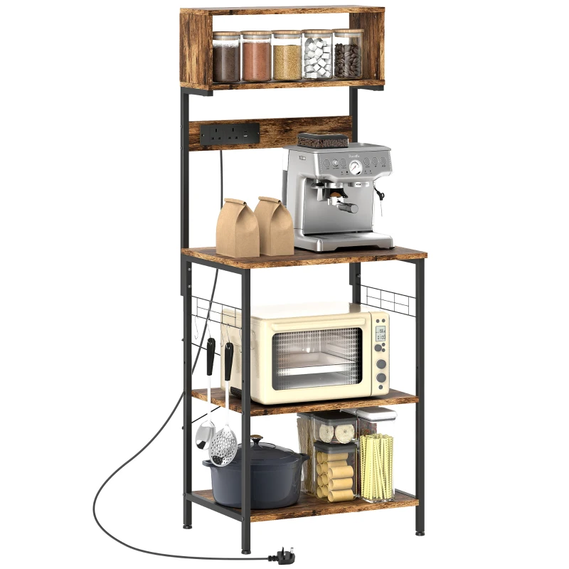 HOMCOM Bakers Rack with Power Outlet, USB Charger, Microwave Stand with Adjustable Shelves, 5 Hooks for Small Spaces, Kitchen Storage Unit for Spices, Pots and Pans, Rustic Brown