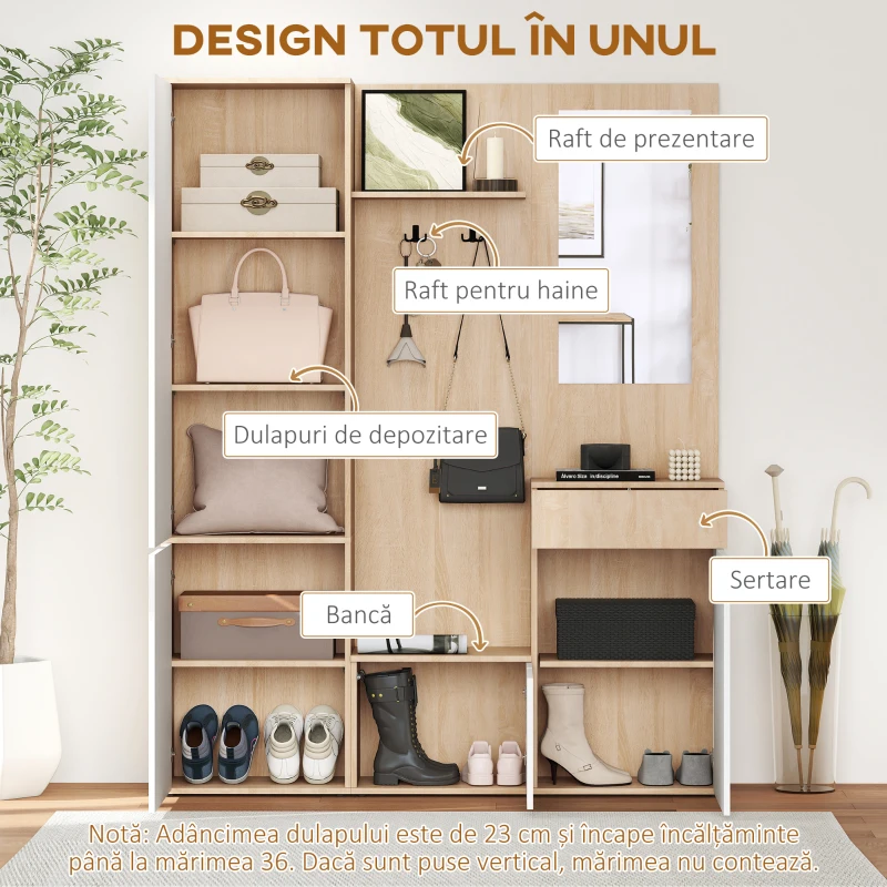 Homcom Organizator Intrare cu Oglindă, Montaj Fără Găuri și Sistem Anti-Înclinare, Design Robust, 145 x 29 x 184 cm