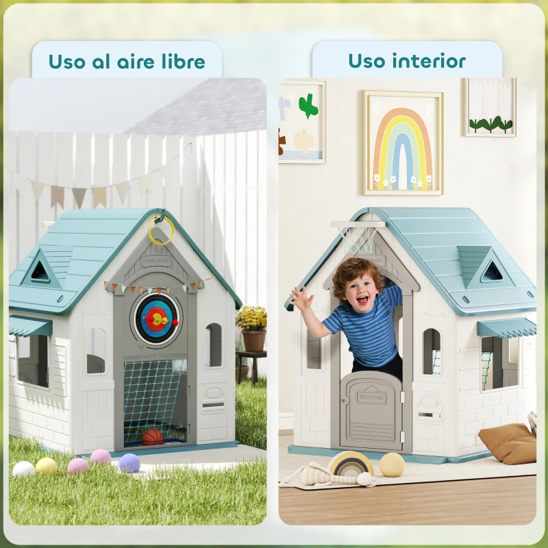 AIYAPLAY Casita Infantil Exterior e Interior 5 en 1 con Lanzamiento de Aros Baloncesto Fútbol Dardos para Niños +2 Años Beige