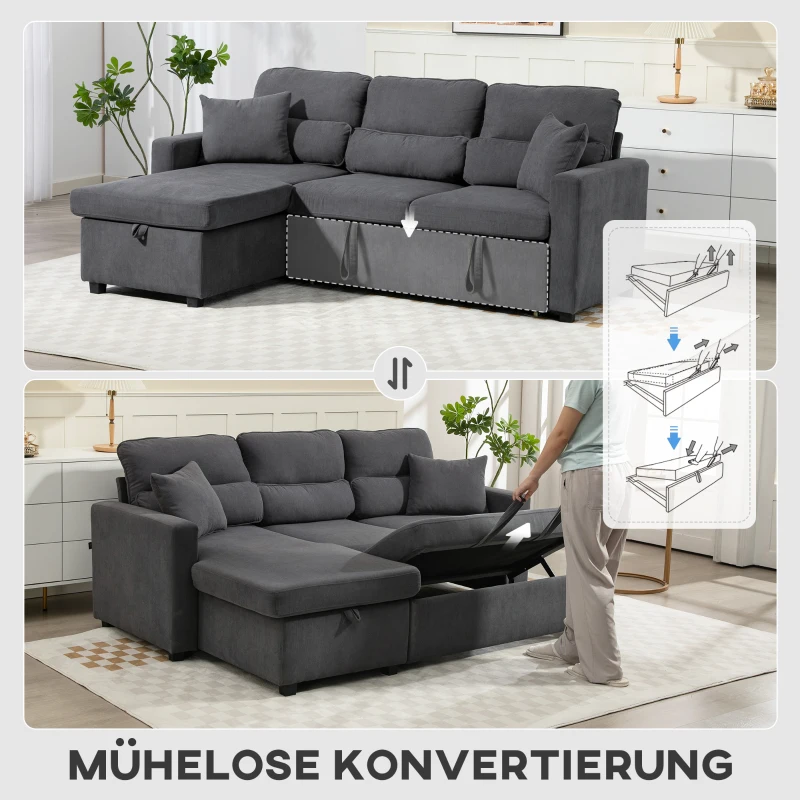 HOMCOM Verstelbare slaapbank, L-vormige logeersofa met bedfunctie, opbergruimte, kussens, voor woonkamer, logeerkamer, grijs(m-5)