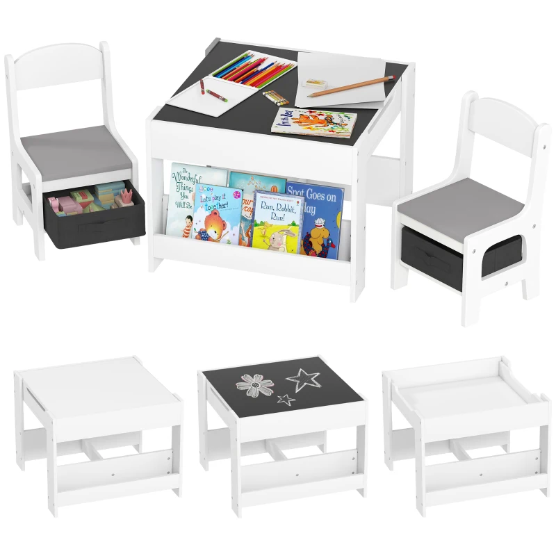 HOMCOM Juego de Mesa con Sillas para Niños 3 en 1 con Pizarra Cajones de Tela y Espacio de Almacenamiento Blanco y Gris