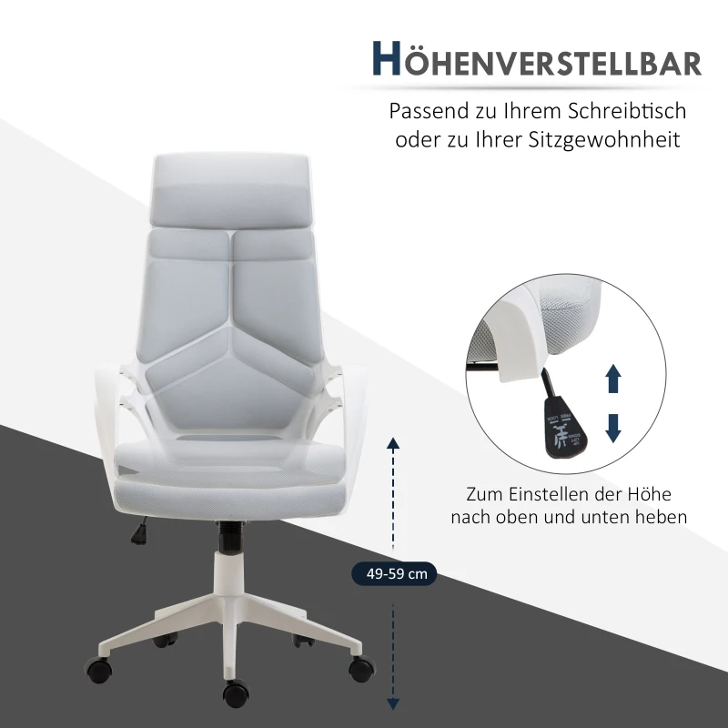 HOMCOM Ergonomische bureaustoel, netstof, in hoogte verstelbaar, draaibaar, verrijdbare bureaustoel, Grijs+Wit
