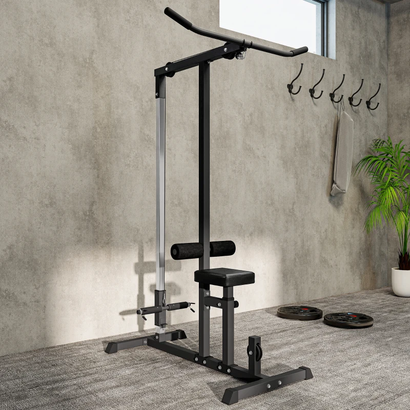 HOMCOM Máquina de Musculación Estación de Entrenamiento para Jalón al Pecho con Polea y Asiento Regulable para Entrenamiento en Gimnasio Hogar Oficina Carga Máx. 100 kg 107x120x190 cm Negro