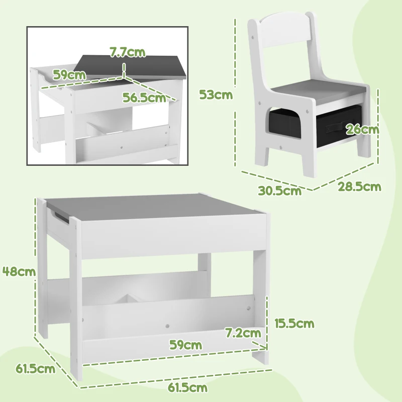 HOMCOM Set de Masă și Scaun pentru Copii, Set de Birou și Scaun pentru Copii 2-în-1 cu Tablă și Rafturi pentru Cărți, 61.5x61.5x48 cm, Gri