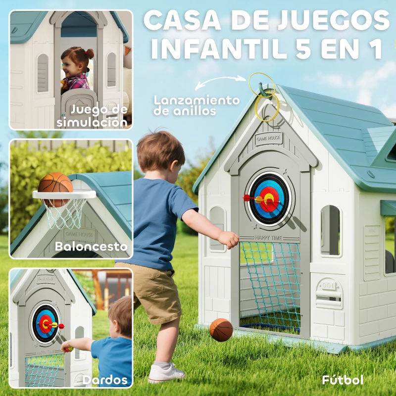 AIYAPLAY Casita Infantil Exterior e Interior 5 en 1 con Lanzamiento de Aros Baloncesto Fútbol Dardos para Niños +2 Años Beige