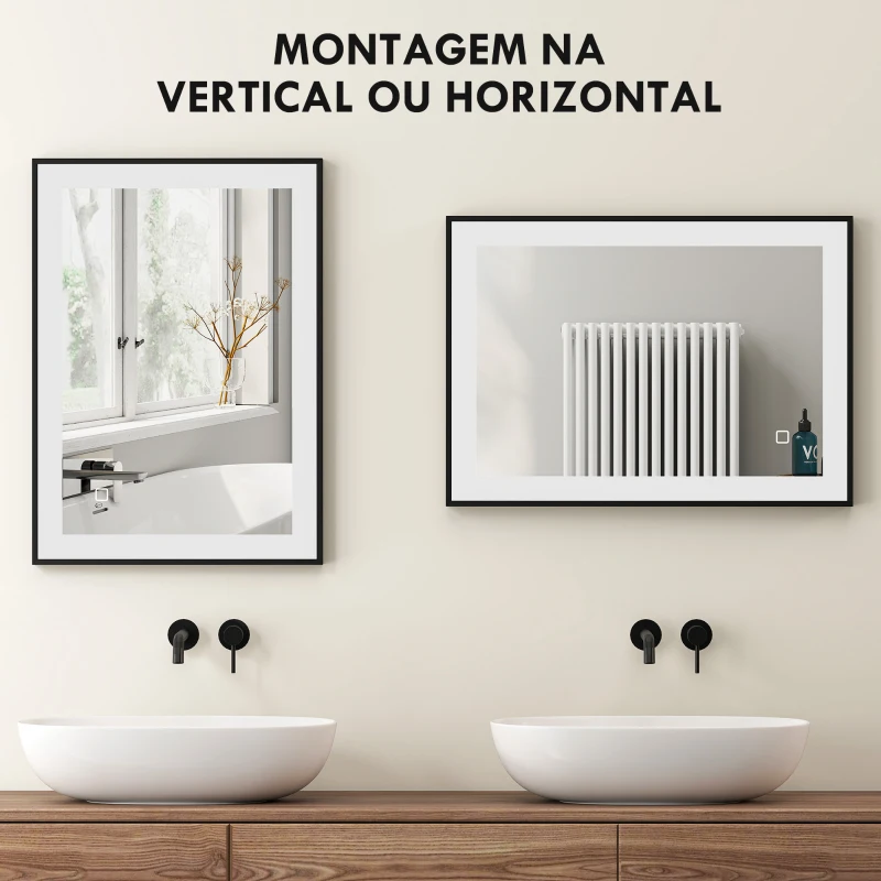 HOMCOM Espelho Casa de Banho com Luz LED 70x50 cm Iluminação Ajustável Função Anti-Embaciamento Função Memória  Preto