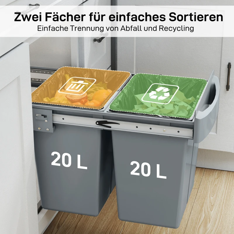 HOMCOM Wysuwany kosz na śmieci, 2 x 20 L, wyjmowane pojemniki, tworzywo sztuczne, metal, szary