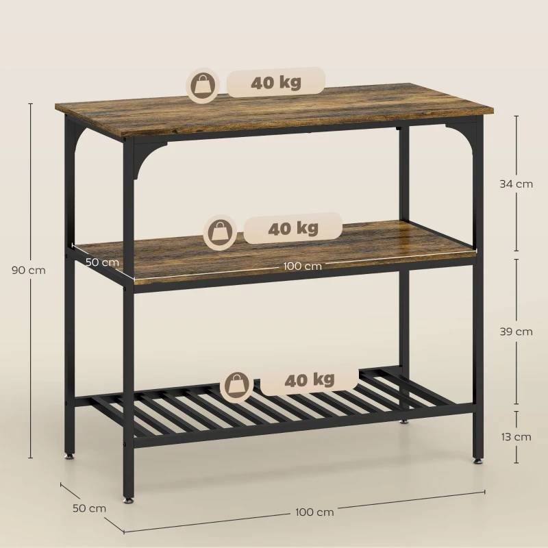 HOMCOM Scaffale da cucina a 3 livelli con telaio in acciaio, Marrone rustico e Nero