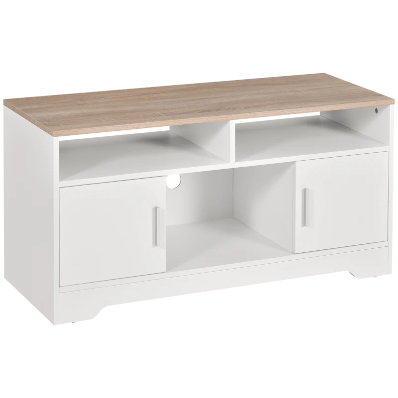 HOMCOM Mobile TV con 3 Scomparti Aperti, 2 Armadietti e Piano d'Appoggio, Mobile per TV fino a 50", in Truciolato, 105x40x52cm, Bianco e Legno